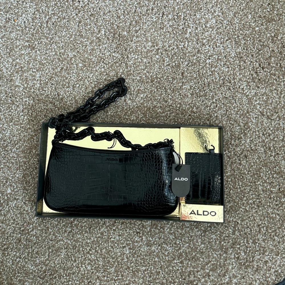 Aldo bag card holder black croc chain clutch‎ mini purse set box